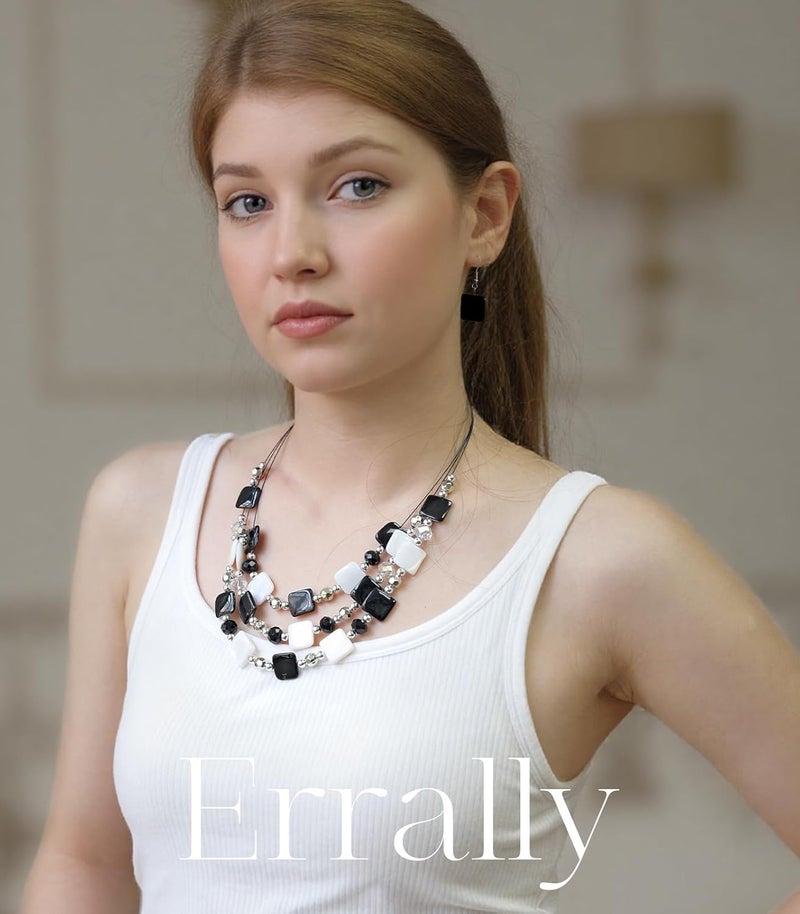 Errally Store Layered Beaded Statement Necklaces for Women Square Shell Bead Collar Necklace and Earring Set Birthday Gifts Boho Jewelry Sets for Women - Image 3